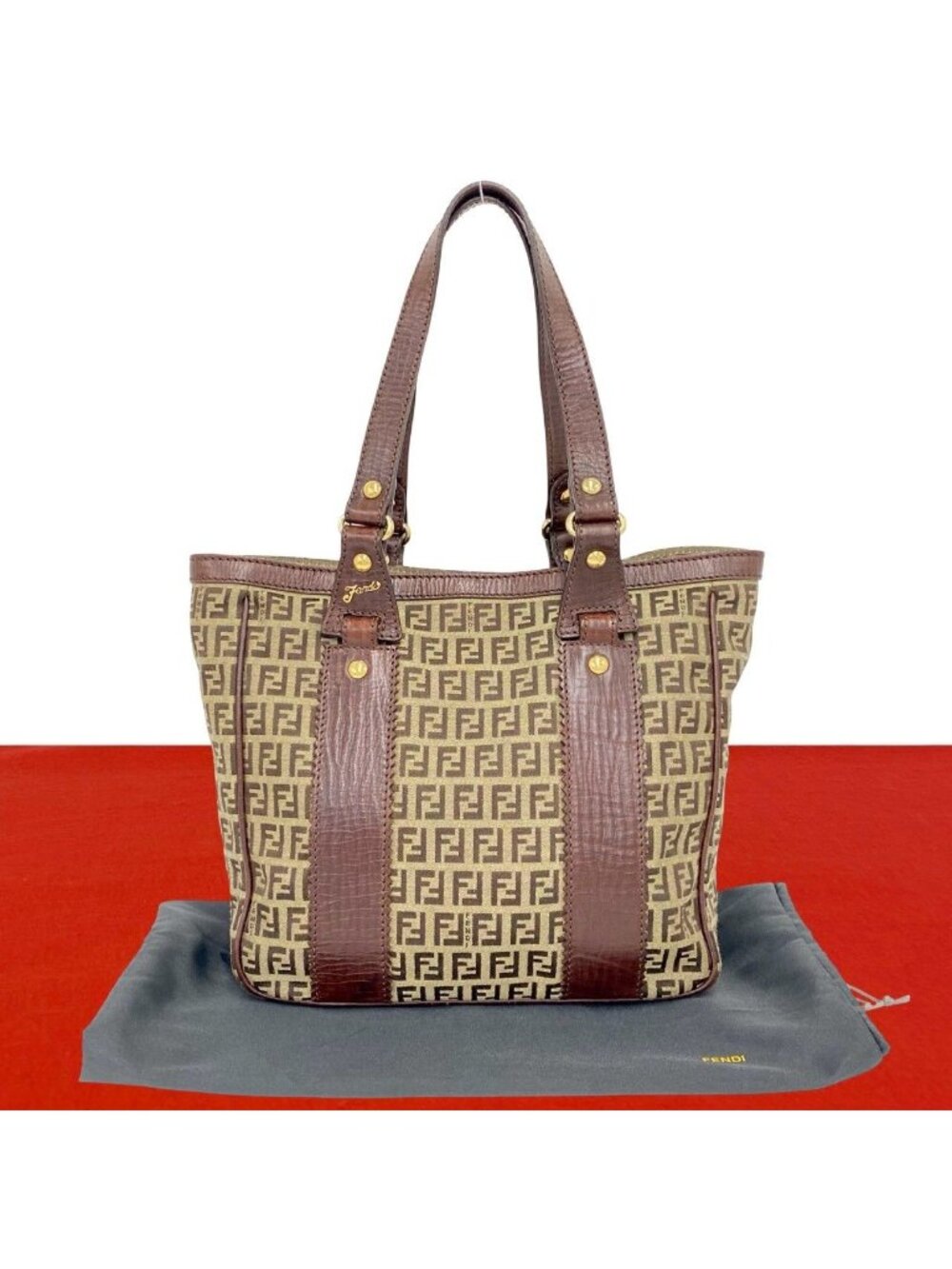 Fendi Vintage Zucchino FF Pattern Canvas Leather Tote Bag Brown